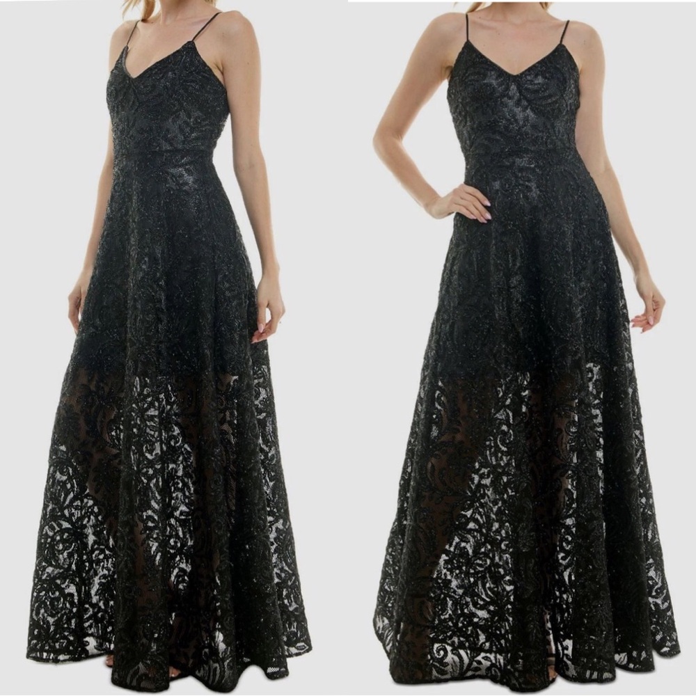 Taylor Womens Black Lace Mesh Gown Dress V-Neck Spaghetti Strap Formal Women’s 6